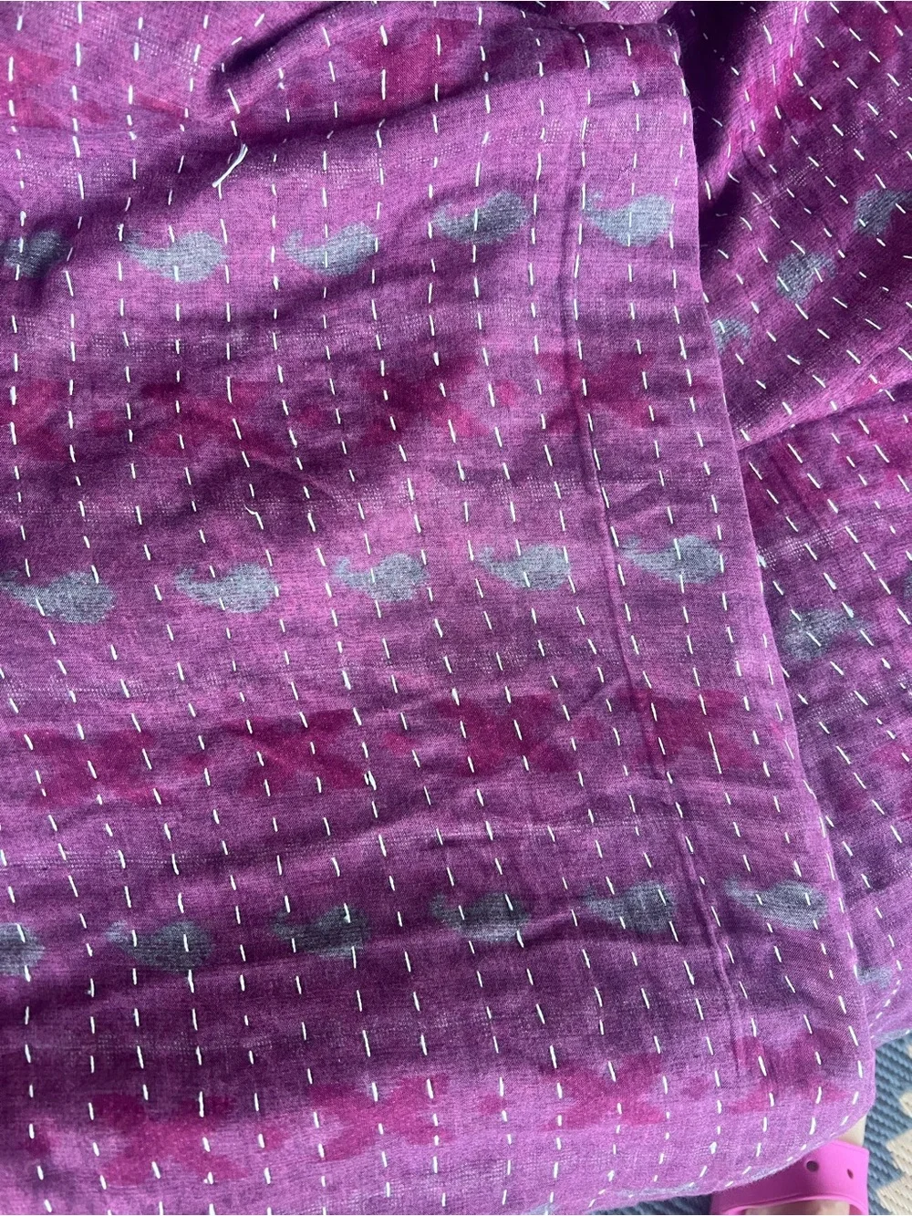 Vibrant Purple Patchwork Kantha Twin size Blanket with Chartreuse Trim